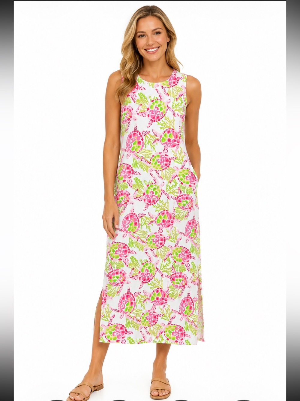ANACLARE Sea TURTLES White Pink & Green Sleeveless Maxi Stretchy  Dress L NW